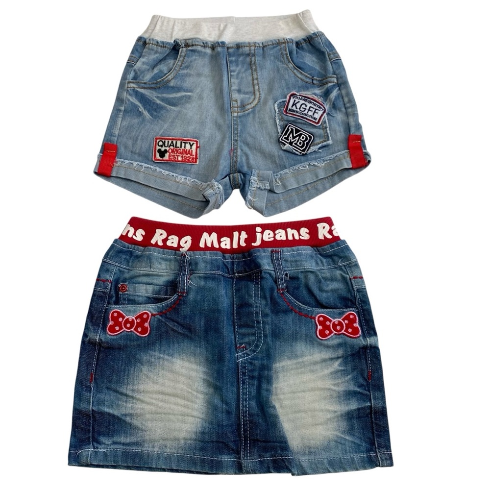 Bundle of 2 Disney’s Mickey & Minnie Mouse Denim Jean Shorts & Skirt Girls 6/7